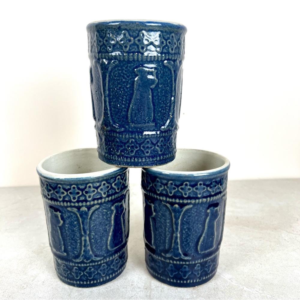 Set of 3 Robinson Ransbottom Pottery Cups Woman With Lyre Pattern Blue